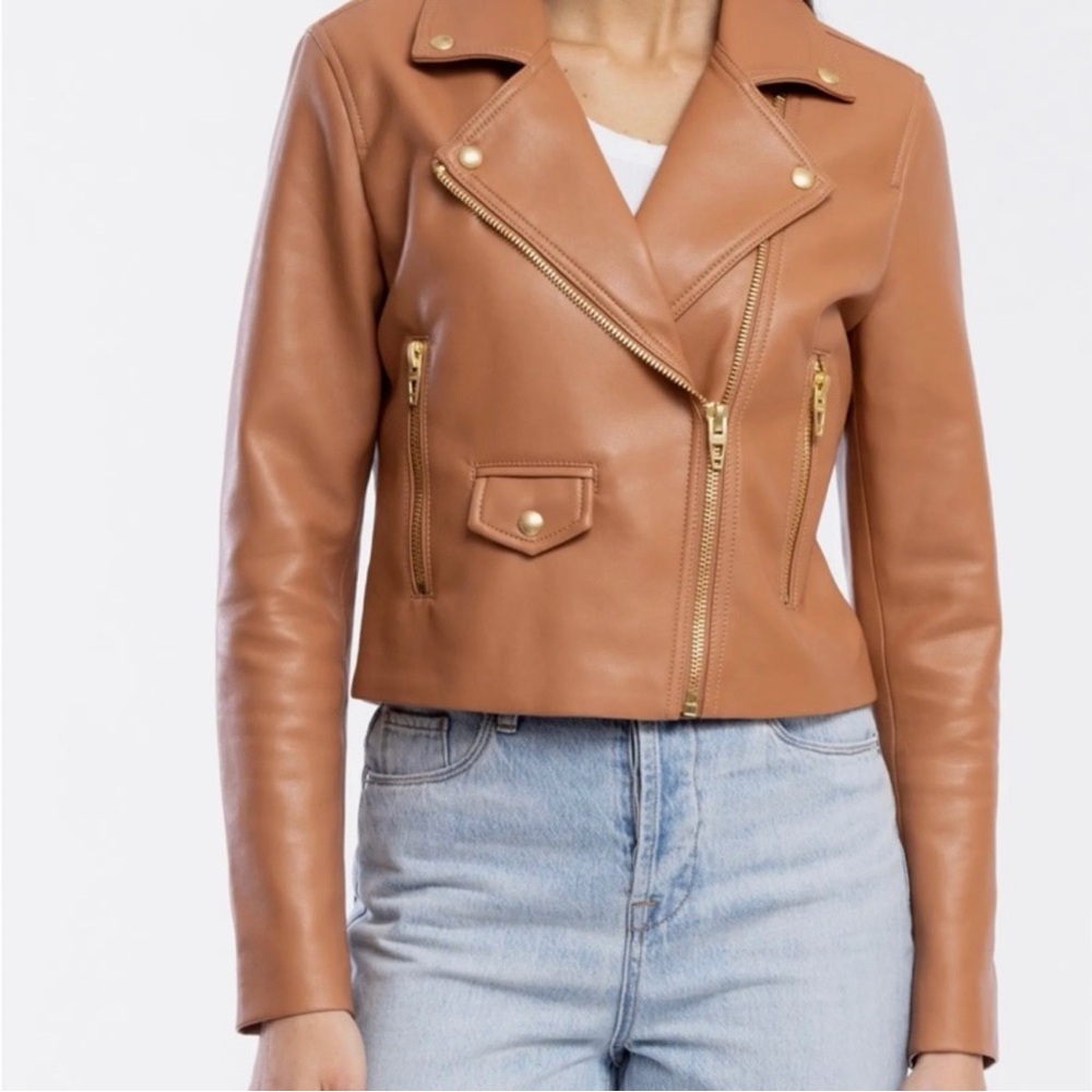 Blank NYC Cropped Brown Faux Leather Moto Jacket with Gold Hardware